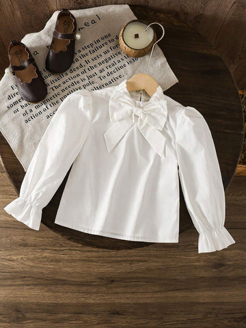 Young Girl's And Toddler Girl White Casual Detachable Bow Blouses Girls Autumn Clothes For Casual Everyday Wear