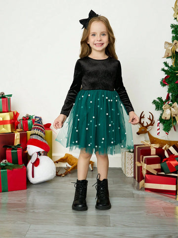 Young Girls And Toddler Girls Casual Matching Mother-Daughterl Young Girl And Young Girl Elegant Velvet Contrast Mesh Bow Decor Party Dress