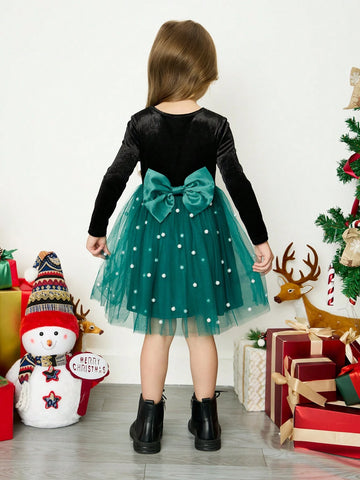Young Girls And Toddler Girls Casual Matching Mother-Daughterl Young Girl And Young Girl Elegant Velvet Contrast Mesh Bow Decor Party Dress