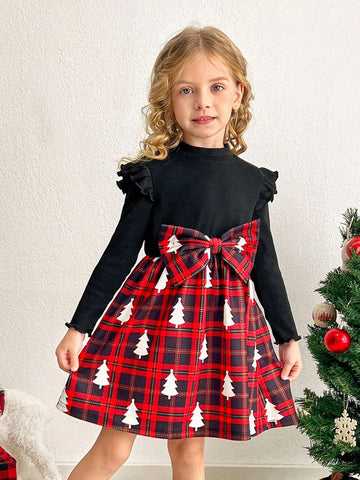 Young Girls And Toddler Girls Checkered Print Patchwork Solid Color Rib Knit Casual Dress, Suitable For Daily Wear And Christmas