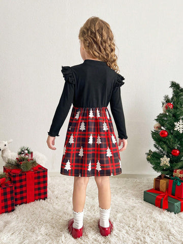 Young Girls And Toddler Girls Checkered Print Patchwork Solid Color Rib Knit Casual Dress, Suitable For Daily Wear And Christmas