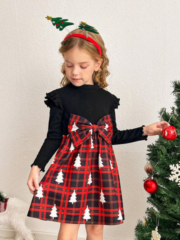 Young Girls And Toddler Girls Checkered Print Patchwork Solid Color Rib Knit Casual Dress, Suitable For Daily Wear And Christmas