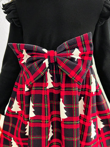 Young Girls And Toddler Girls Checkered Print Patchwork Solid Color Rib Knit Casual Dress, Suitable For Daily Wear And Christmas