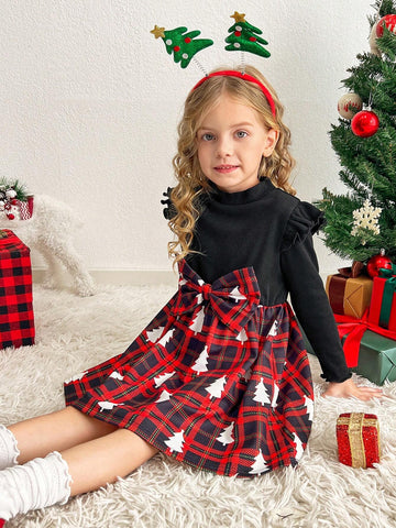 Young Girls And Toddler Girls Checkered Print Patchwork Solid Color Rib Knit Casual Dress, Suitable For Daily Wear And Christmas