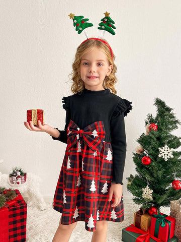 Young Girls And Toddler Girls Checkered Print Patchwork Solid Color Rib Knit Casual Dress, Suitable For Daily Wear And Christmas