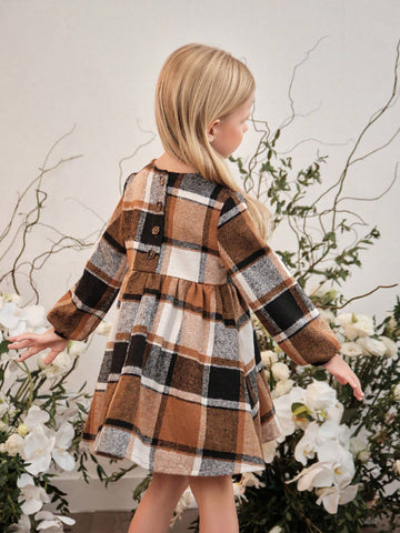 Young Girls And Toddler Girls Thick Woolen Plaid Dress, Suitable For Casual And Commuting Wear In Autumn