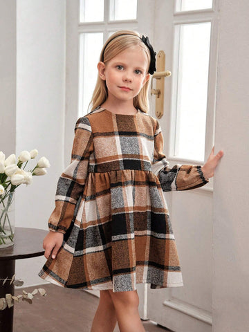 Young Girls And Toddler Girls Thick Woolen Plaid Dress, Suitable For Casual And Commuting Wear In Autumn