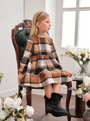 Young Girls And Toddler Girls Thick Woolen Plaid Dress, Suitable For Casual And Commuting Wear In Autumn
