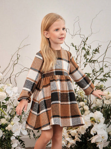 Young Girls And Toddler Girls Thick Woolen Plaid Dress, Suitable For Casual And Commuting Wear In Autumn