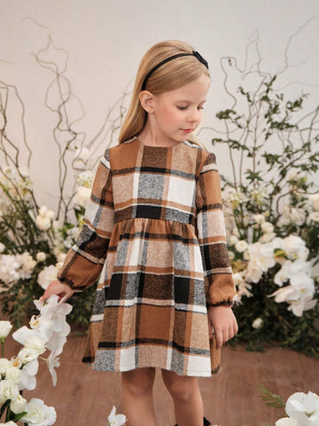 Young Girls And Toddler Girls Thick Woolen Plaid Dress, Suitable For Casual And Commuting Wear In Autumn