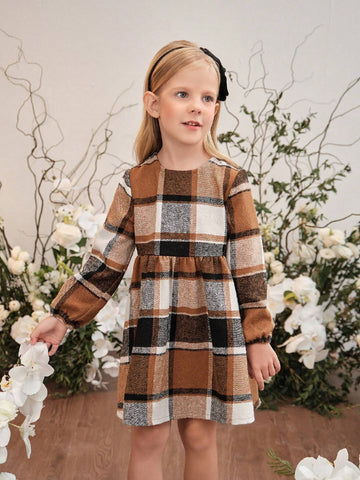 Young Girls And Toddler Girls Thick Woolen Plaid Dress, Suitable For Casual And Commuting Wear In Autumn