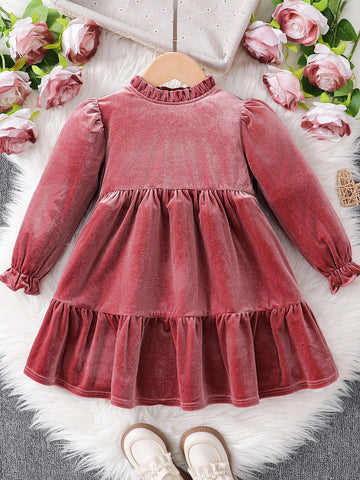 Young Girl's And Young Girl' Ruffle Edge Pink Velvet Dress, Suitable For Casual Daily Wear, Autumn/Winter