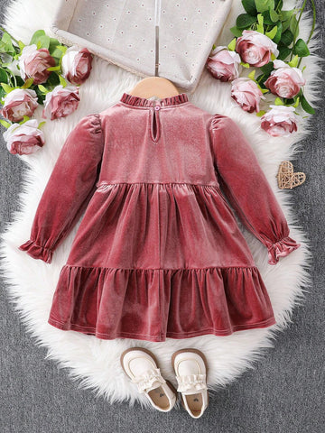 Young Girl's And Young Girl' Ruffle Edge Pink Velvet Dress, Suitable For Casual Daily Wear, Autumn/Winter
