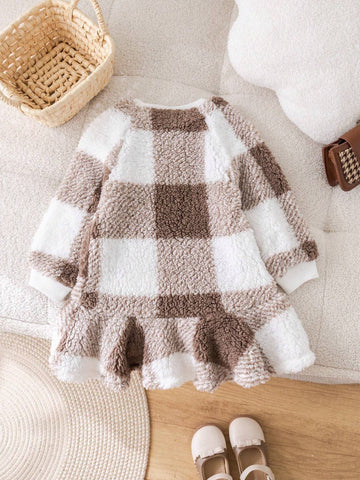 Young Girl's Casual Plaid Fleece Printed Dress, Suitable For Daily Wear And Home