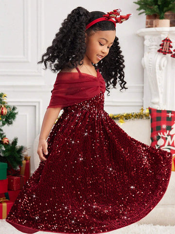 Young Girl's And Young Girl's Elegant Glamorous Pearl & Sequin Embroidered Open Shoulder Party Dress, Suitable For Christmas