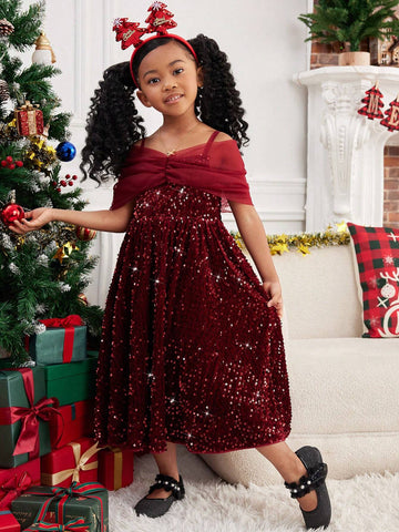 Young Girl's And Young Girl's Elegant Glamorous Pearl & Sequin Embroidered Open Shoulder Party Dress, Suitable For Christmas