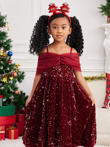 Young Girl's And Young Girl's Elegant Glamorous Pearl & Sequin Embroidered Open Shoulder Party Dress, Suitable For Christmas