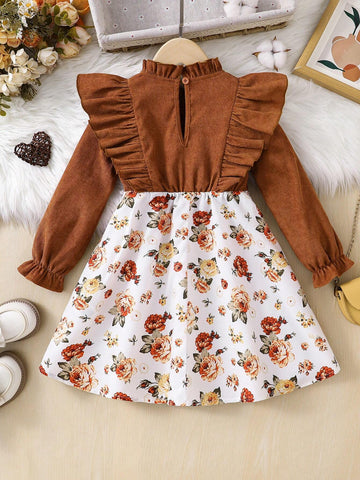 Young Girl's And Young Girl's Floral Patchwork Corduroy Dress, Suitable For Casual Everyday Wear, Autumn/Winter