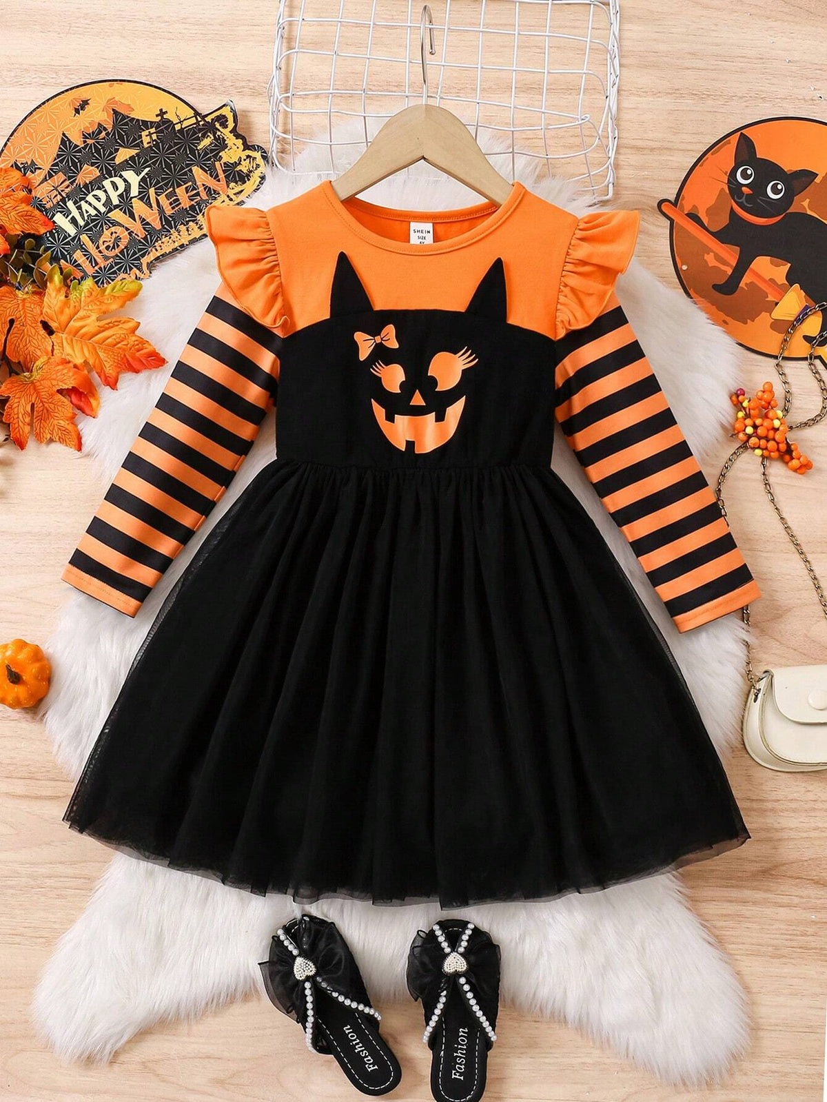 Young Girl's Halloween Funny Face Print Cosplay Dress, Suitable For Halloween Wear