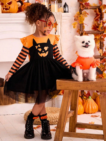 Young Girl's Halloween Funny Face Print Cosplay Dress, Suitable For Halloween Wear