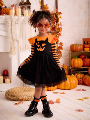 Young Girl's Halloween Funny Face Print Cosplay Dress, Suitable For Halloween Wear