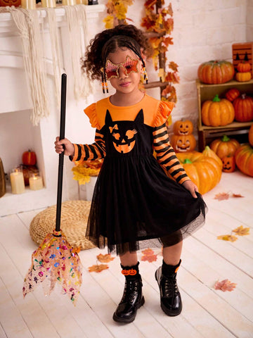 Young Girl's Halloween Funny Face Print Cosplay Dress, Suitable For Halloween Wear