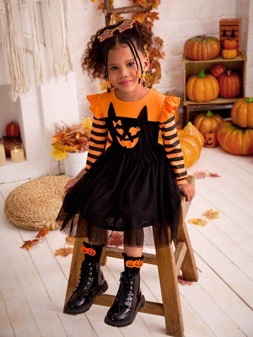Young Girl's Halloween Funny Face Print Cosplay Dress, Suitable For Halloween Wear