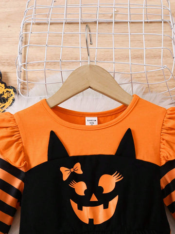Young Girl's Halloween Funny Face Print Cosplay Dress, Suitable For Halloween Wear