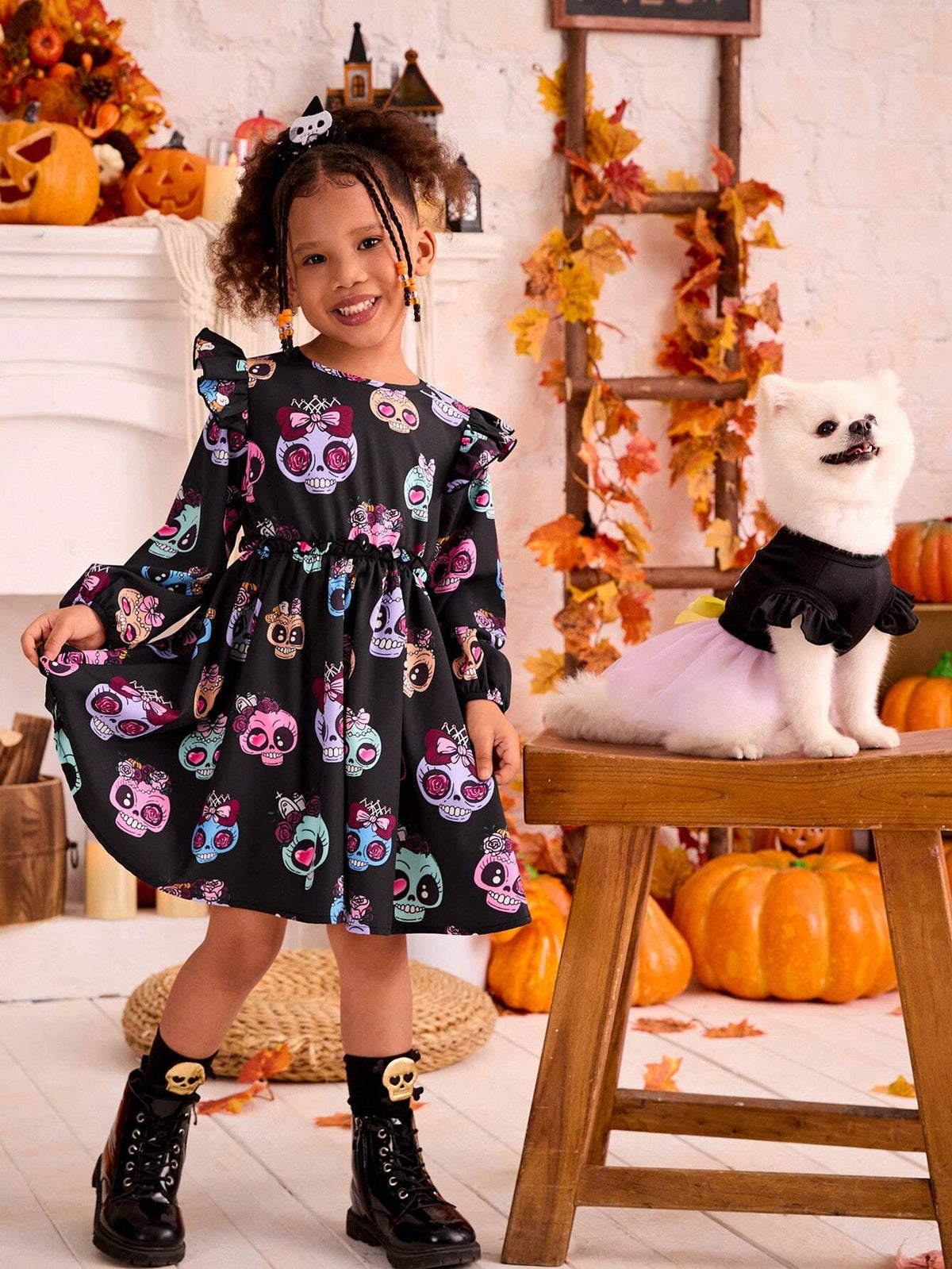 Young Girl's Halloween Skull Print Costume Play Dress, Girls Autumn Clothes, Suitable For Halloween Wear