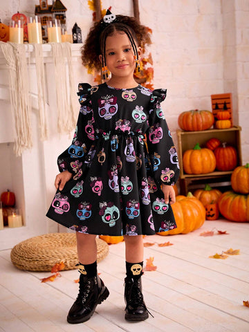 Young Girl's Halloween Skull Print Costume Play Dress, Girls Autumn Clothes, Suitable For Halloween Wear