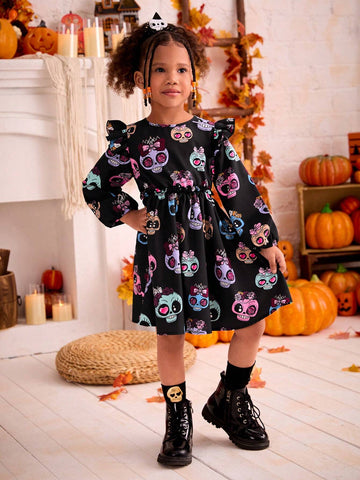 Young Girl's Halloween Skull Print Costume Play Dress, Girls Autumn Clothes, Suitable For Halloween Wear