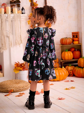 Young Girl's Halloween Skull Print Costume Play Dress, Girls Autumn Clothes, Suitable For Halloween Wear