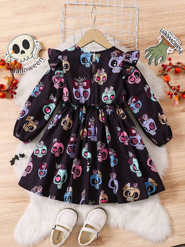 Young Girl's Halloween Skull Print Costume Play Dress, Girls Autumn Clothes, Suitable For Halloween Wear