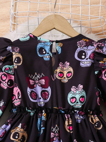 Young Girl's Halloween Skull Print Costume Play Dress, Girls Autumn Clothes, Suitable For Halloween Wear