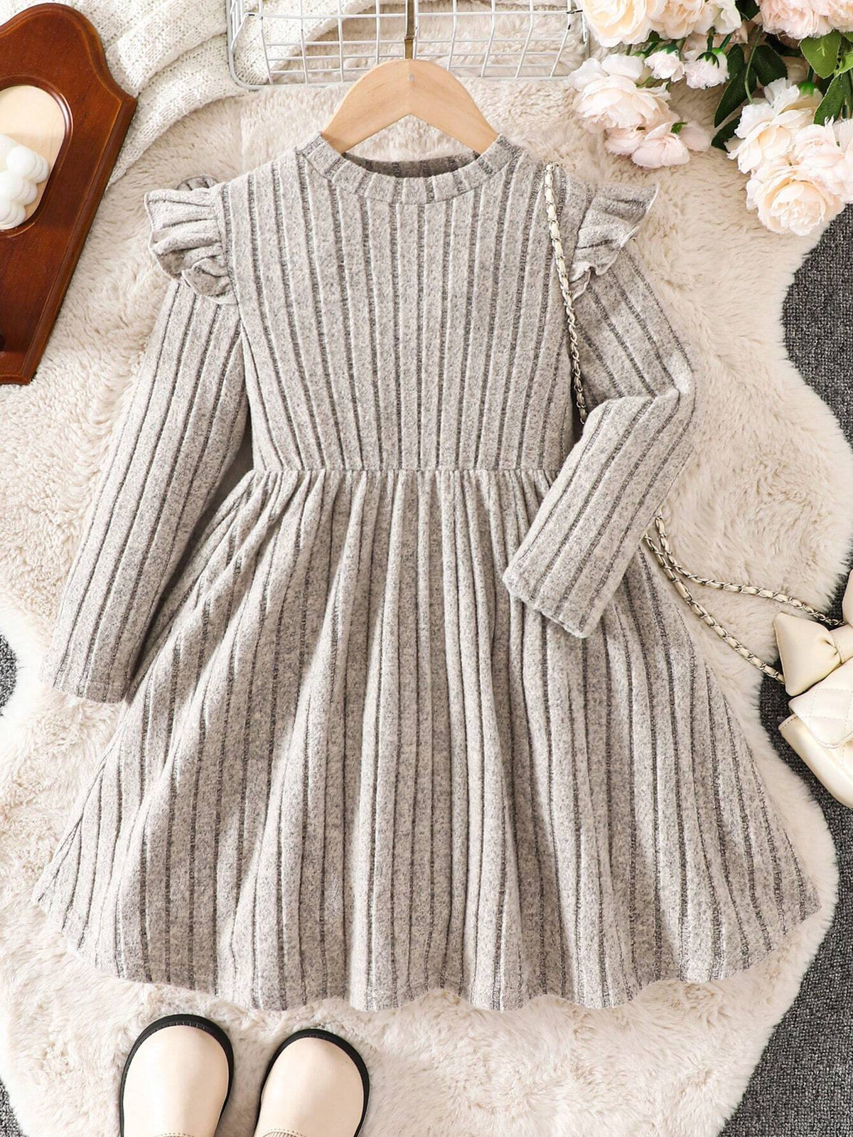 Young Girl's And Young Girl's Knit Cap Sleeve Ribbed Dress, Suitable For Casual Daily Wear, Autumn/Winter