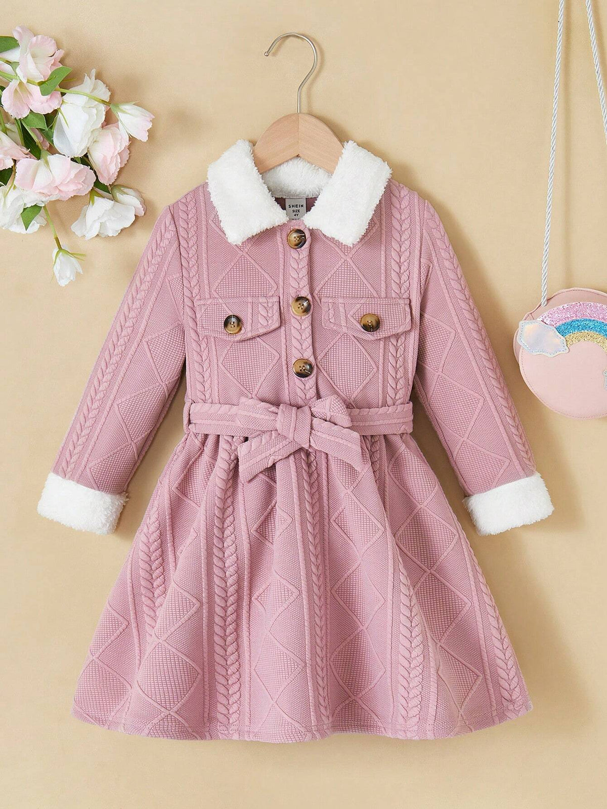 Young Girl's Patchwork Furry Texture Casual Dress, Suitable For Everyday Wear