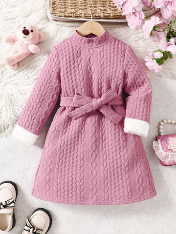 Young Girl's And Young Girl's Patchwork Fuzzy Textured Casual Dress, Autumn/Winter