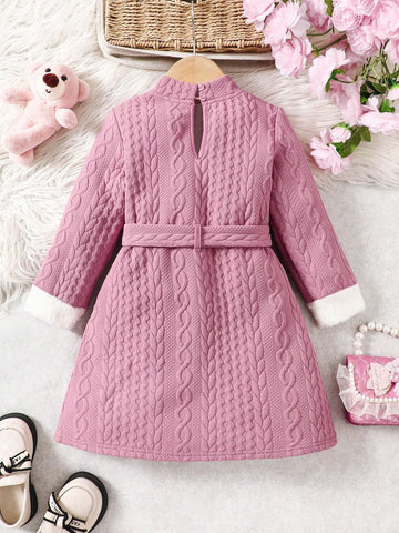 Young Girl's And Young Girl's Patchwork Fuzzy Textured Casual Dress, Autumn/Winter