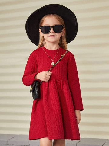 Young Girl's Red Textured Quilted Dress, Suitable For Casual Daily Wear In Autumn/Winter