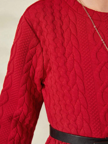 Young Girl's Red Textured Quilted Dress, Suitable For Casual Daily Wear In Autumn/Winter