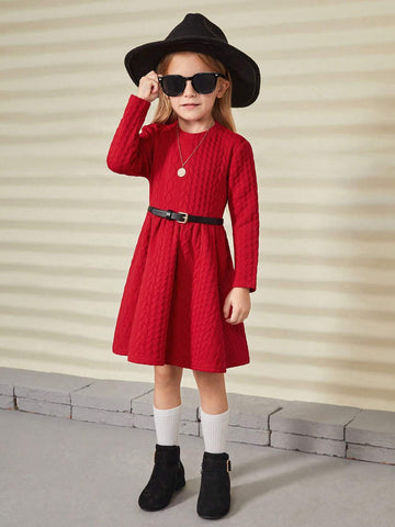 Young Girl's Red Textured Quilted Dress, Suitable For Casual Daily Wear In Autumn/Winter