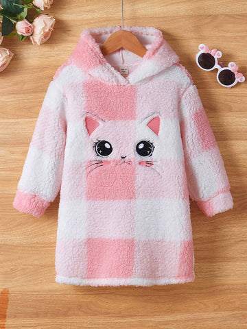 Young Girl's And Young Girl's Reversible Fleece Cat Embroidery Hooded Sweatshirt Dress, For Casual Everyday Wear, Autumn/Winter