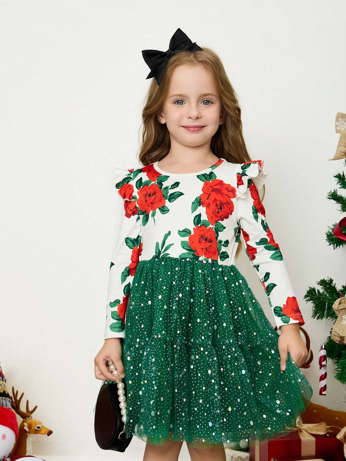 Young Girl's And Young Girl's Romantic Floral Contrast Mesh Overlay Dress, Suitable For Daily Casual And Party Occasions