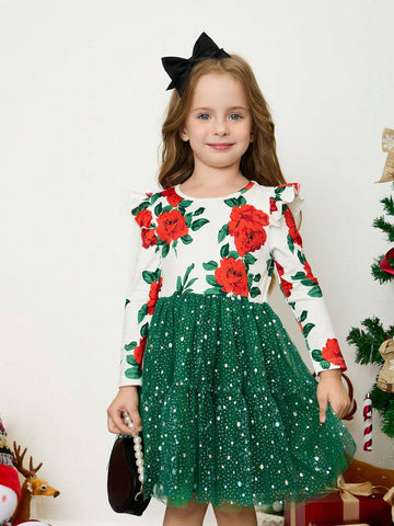 Young Girl's And Young Girl's Romantic Floral Contrast Mesh Overlay Dress, Suitable For Daily Casual And Party Occasions