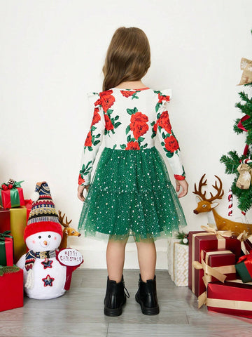 Young Girl's And Young Girl's Romantic Floral Contrast Mesh Overlay Dress, Suitable For Daily Casual And Party Occasions