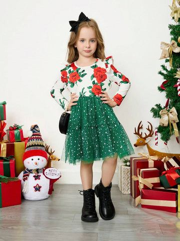 Young Girl's And Young Girl's Romantic Floral Contrast Mesh Overlay Dress, Suitable For Daily Casual And Party Occasions