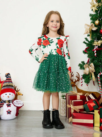 Young Girl's And Young Girl's Romantic Floral Contrast Mesh Overlay Dress, Suitable For Daily Casual And Party Occasions