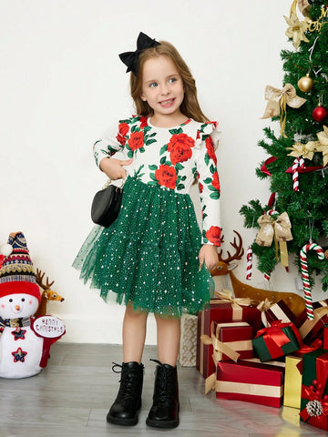 Young Girl's And Young Girl's Romantic Floral Contrast Mesh Overlay Dress, Suitable For Daily Casual And Party Occasions