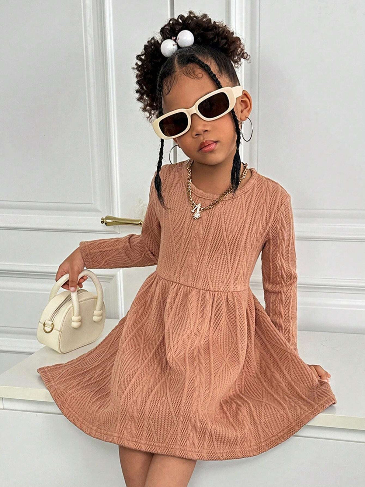 Young Girl's Textured Jacquard Knit Dress, Suitable For Casual Daily Wear, Suitable For Autumn/Winter