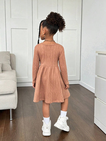 Young Girl's Textured Jacquard Knit Dress, Suitable For Casual Daily Wear, Suitable For Autumn/Winter